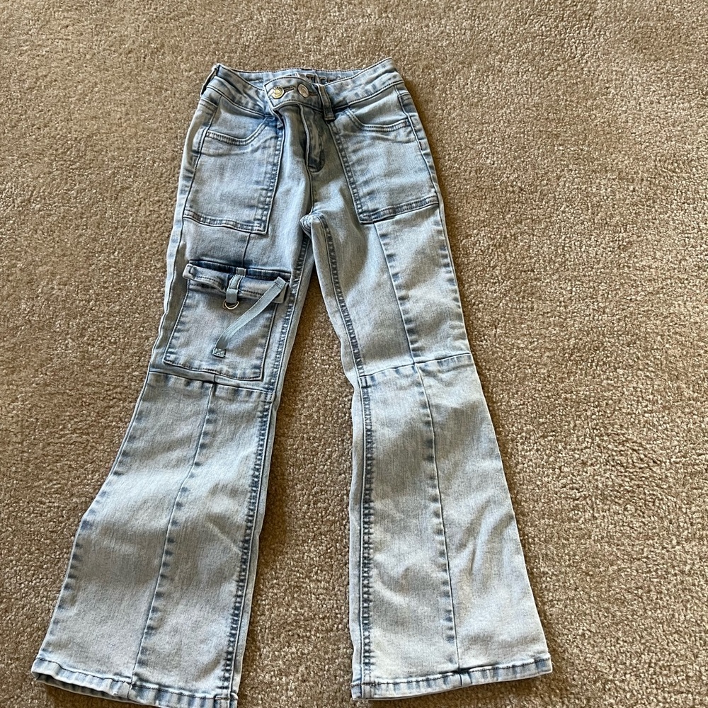 Justice Light Wash Flared Cargo Jeans